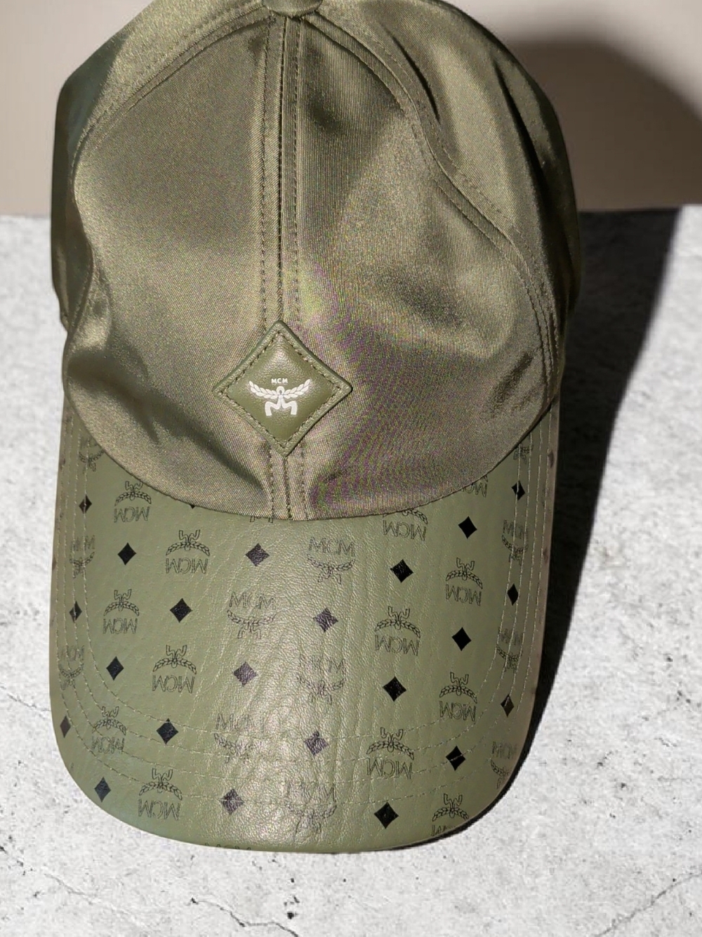 MCM Men's Re-Nylon and Leather Baseball Cap New With Tags. Olive Green